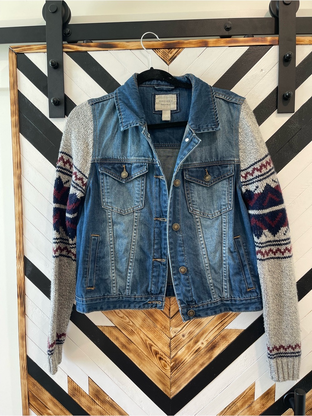 Forever 21 Denim Jacket with Knit Fair Isle Sleeves - Blue, Gray, Maroon